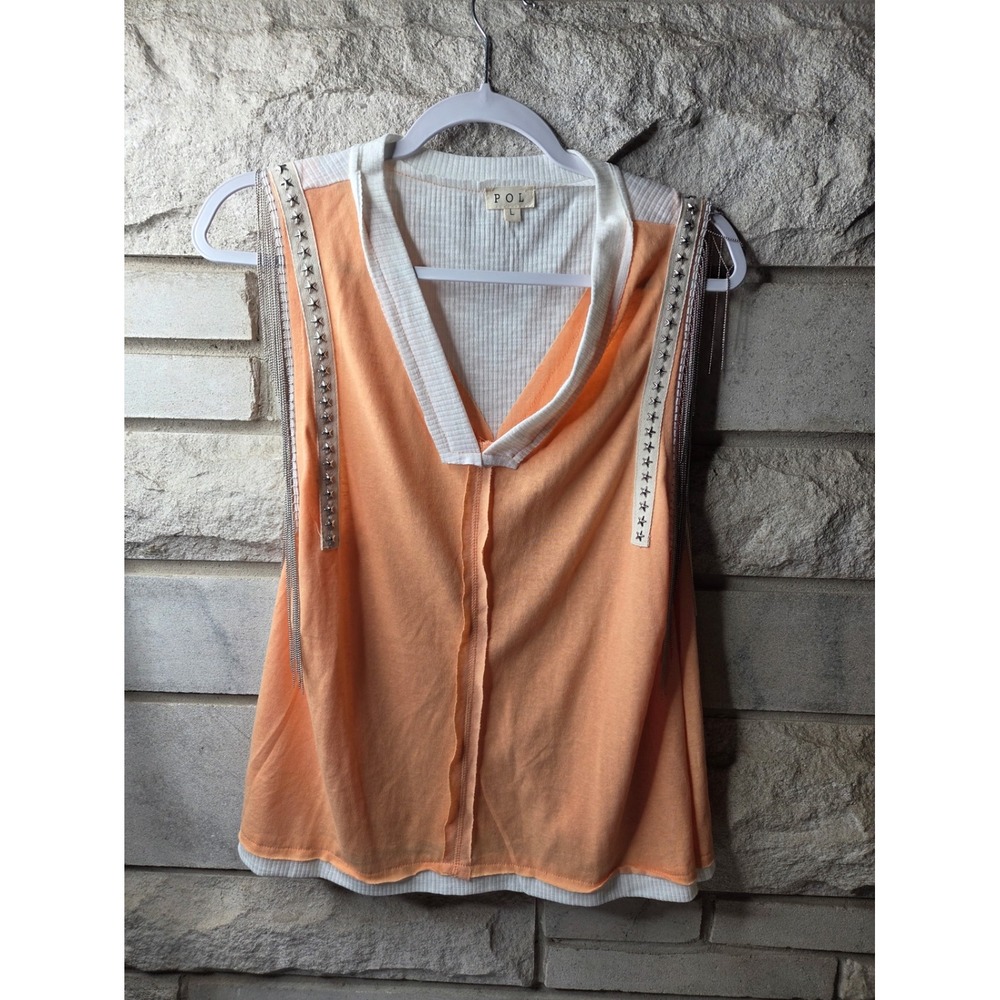 POL Peach‎ White Layered Tank Top Star Studded Ball Chain Fringe Womens Large